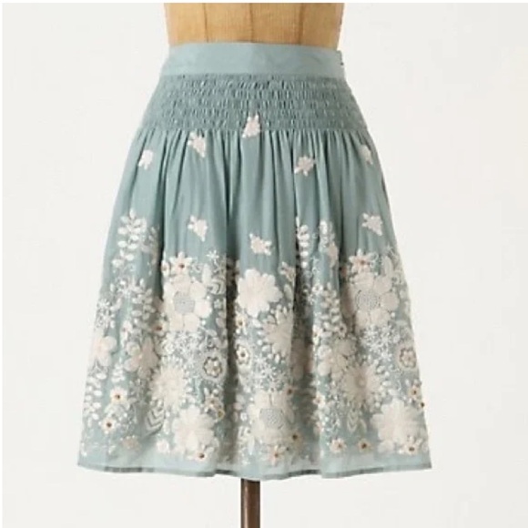 Anthropology Blue Tassel Collection Sagebrush Silk Blend Embroidered Full Skirt - Picture 6 of 15